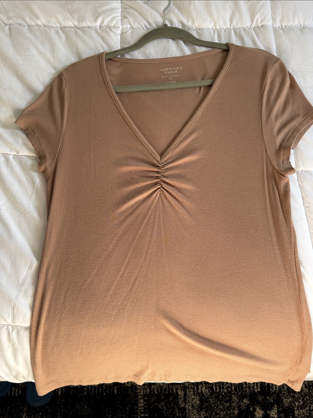 American Eagle Soft & Sexy V-Neck Ruched Front Top - Taupe